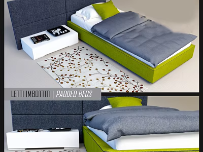 Modern Single Bed With Padded Headboard Green Frame Gray Quilt And Decorative Rug 3d model