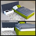 Modern Single Bed With Padded Headboard Green Frame Gray Quilt And Decorative Rug