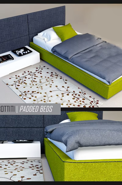 Modern Single Bed With Padded Headboard Green Frame Gray Quilt And Decorative Rug 3d model