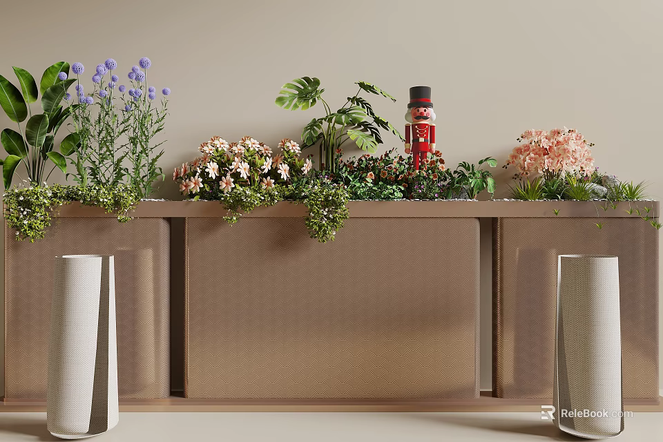 Brown Perforated Partition Decorated with Purple Pink Flowers Green Leaves and White Vases 3d model 