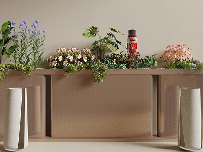 Brown Perforated Partition Decorated with Purple Pink Flowers Green Leaves and White Vases 3d model