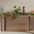 Brown Perforated Partition Decorated with Purple Pink Flowers Green Leaves and White Vases