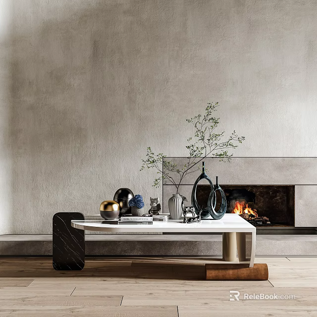 Modern Coffee Table With Decorative Vase Green Plant And Spherical Ornaments By Fireplace 3d model 
