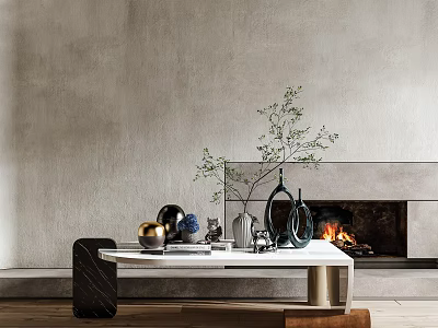 Modern Coffee Table With Decorative Vase Green Plant And Spherical Ornaments By Fireplace 3d model