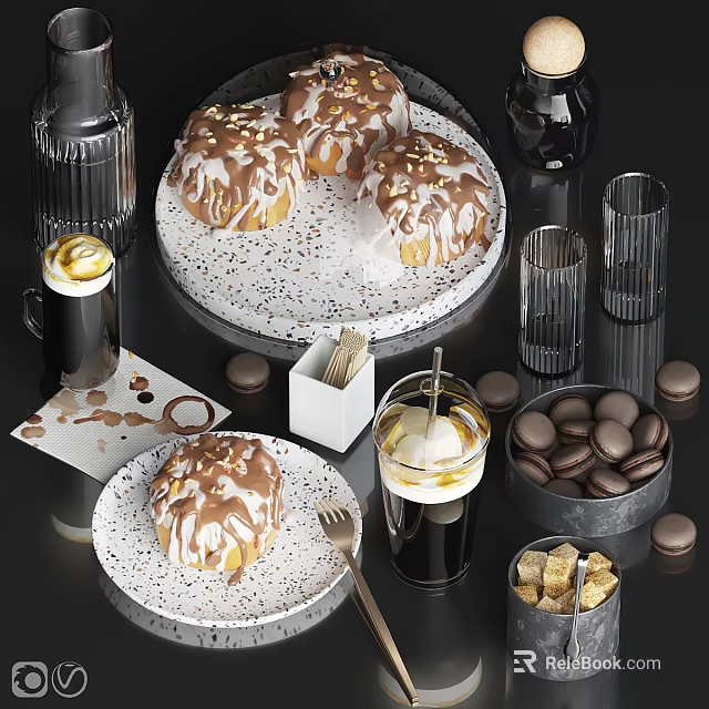 Glazed Doughnuts Topped with Nuts Macarons Coffee and Ice Cream on Table 3d model 