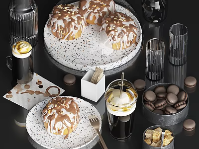 Glazed Doughnuts Topped with Nuts Macarons Coffee and Ice Cream on Table 3d model