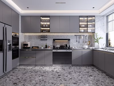 Modern Open Concept Kitchen With Gray Cabinets Marble Countertops Island And Built In Appliances 3d model