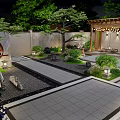 Tranquil Courtyard Garden With Stone Pathway Green Plants Water Feature And Wooden Pergola
