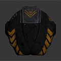 Black Sci Fi Helmet With Red Circular Lenses Yellow Geometric Patterns And Metal Components