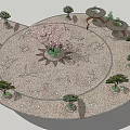 Circular Plaza Landscape With Cobblestone Ground Central Pink Flowering Tree And Surrounding Pavilions