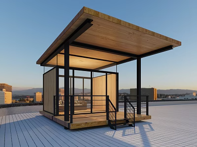 Villa Balcony Rooftop Design With Wooden Roof Glass Walls And Metal Railings 3d model