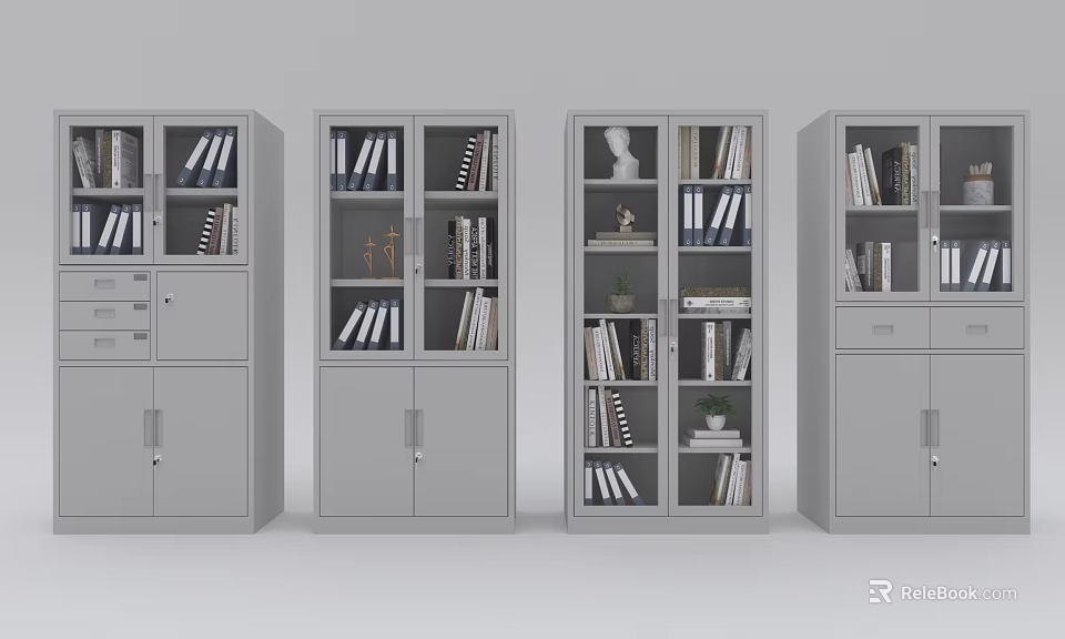 Gray Display Shelves with Glass Doors Books Decorations and Drawers for Office Storage 3d model 