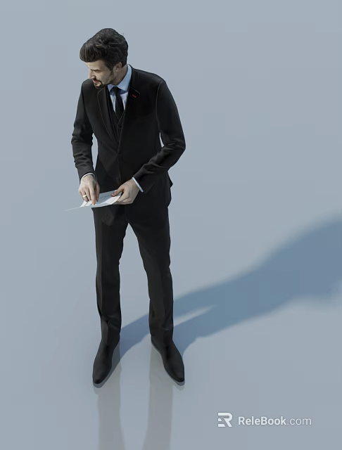Man In Black Suit Holding White Paper Standing Against Plain Background 3d model 