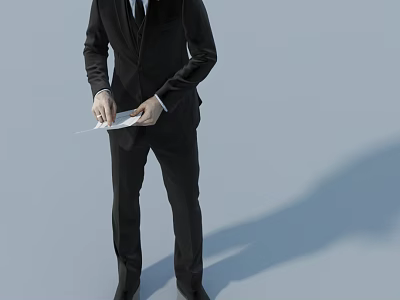 Man In Black Suit Holding White Paper Standing Against Plain Background 3d model