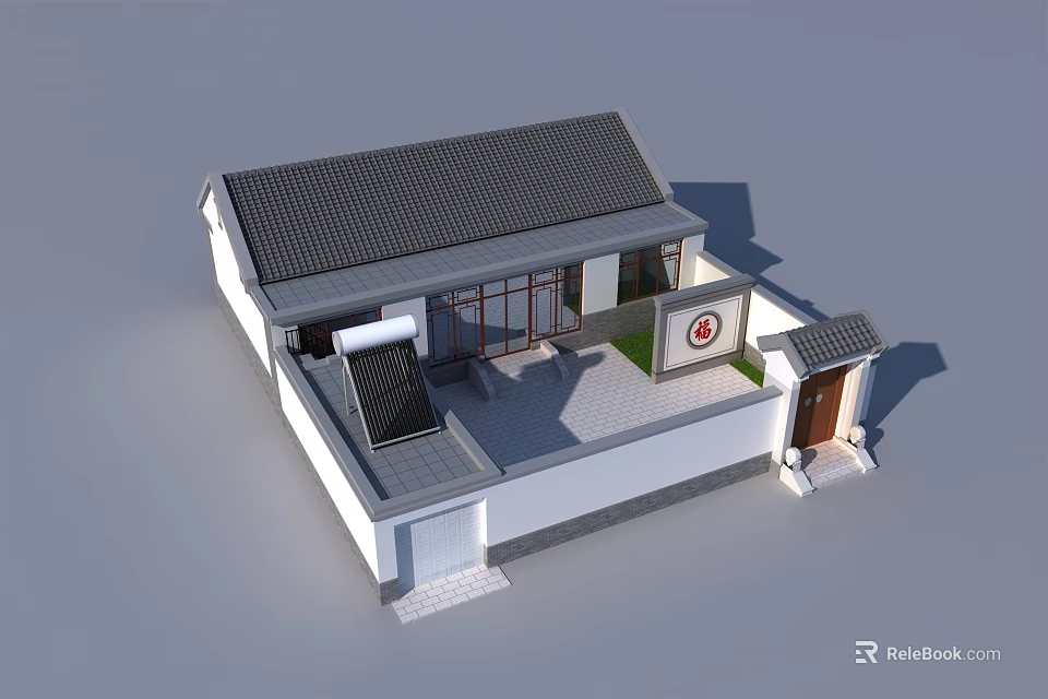 Traditional Chinese House with Gray Roof White Walls Courtyard Entrance Solar Panel and Circular Emblem 3d model 