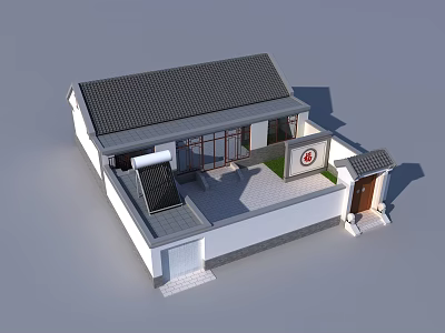 Traditional Chinese House with Gray Roof White Walls Courtyard Entrance Solar Panel and Circular Emblem 3d model