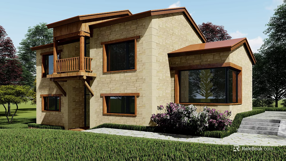 Detached House Beige Brick Exterior Brown Roof Balcony Railings Green Lawn Purple Shrubs Stone Path 3d model 