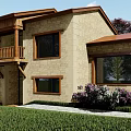 Detached House Beige Brick Exterior Brown Roof Balcony Railings Green Lawn Purple Shrubs Stone Path