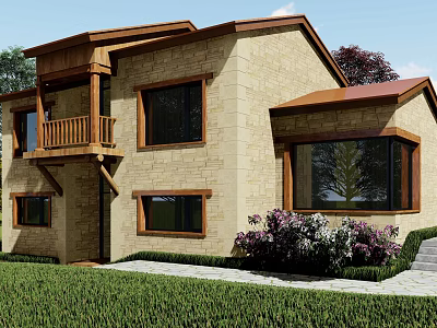 Detached House Beige Brick Exterior Brown Roof Balcony Railings Green Lawn Purple Shrubs Stone Path 3d model