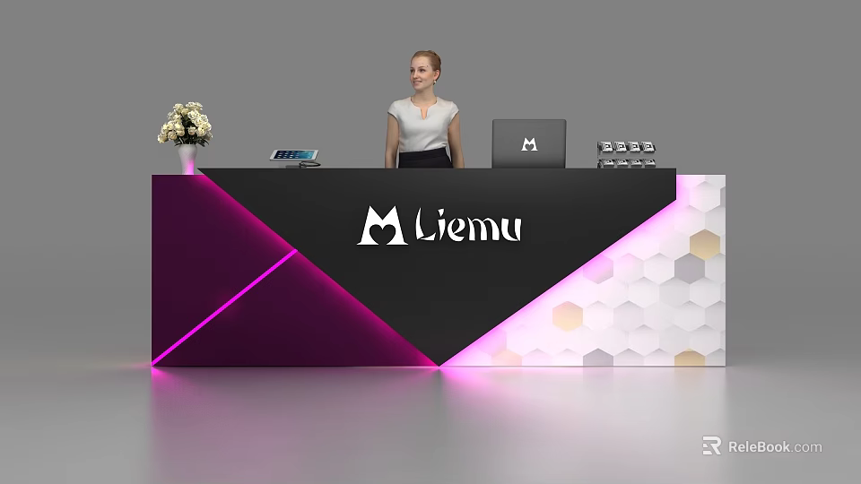 Liemu Reception Desk With Modern Black Purple Geometric Design Illuminated Lines Laptop And Flower Arrangement 3d model 