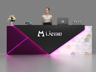 Liemu Reception Desk With Modern Black Purple Geometric Design Illuminated Lines Laptop And Flower Arrangement 3d model