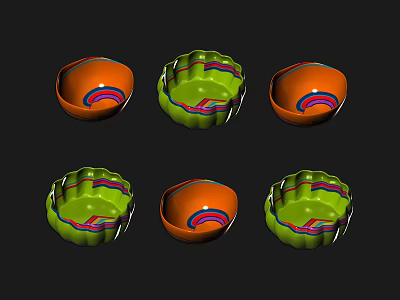 Colorful Dinnerware Set With Green And Orange Bowls Featuring Wavy Edges And Patterns 3d model