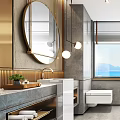 Modern Luxury Hotel Bathroom Interior With Glass Shower Marble Countertop And Scenic Window View