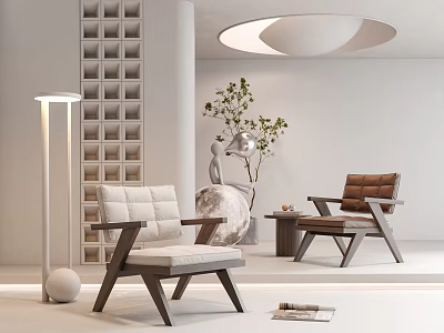 Modern Lounge Chairs With Beige Brown Fabric Cushion Wooden Frame And Floor Lamp In Bright Interior 3d model