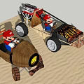 Toy Dolls Sitting In Wooden Boat Shaped And Flame Patterned Cars On Sand