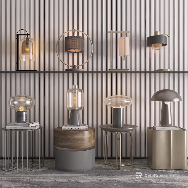 Modern Table Lamps With Diverse Designs Metallic Bases And Glass Shades On Shelves 3d model 