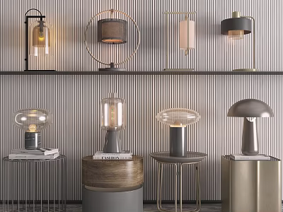 Modern Table Lamps With Diverse Designs Metallic Bases And Glass Shades On Shelves 3d model