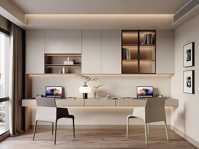 Modern Minimalist Study Room Interior With Long Desk Two Chairs Laptop And Glass Door Bookshelves 3d model