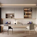 Modern Minimalist Study Room Interior With Long Desk Two Chairs Laptop And Glass Door Bookshelves