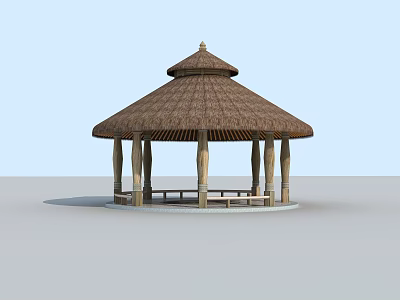 Traditional Gazebo With Thatch Roof And Wooden Pillars On Circular Platform 3d model