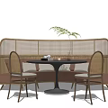 Public Chairs With Rattan Curved Backrest And Black Round Table Leisure Area With Green Plant