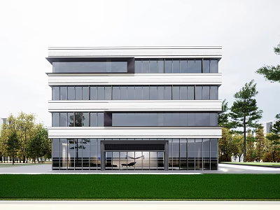 Modern Multi Storey Industrial Factory Building Exterior With Large Glass Windows Green Lawn And Trees 3d model