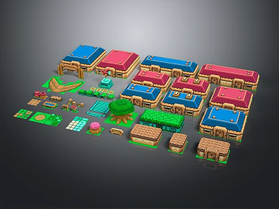 Colorful Roofed Wooden Houses With Green Trees Lawns And Garden Pathways 3d model