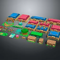 Colorful Roofed Wooden Houses With Green Trees Lawns And Garden Pathways