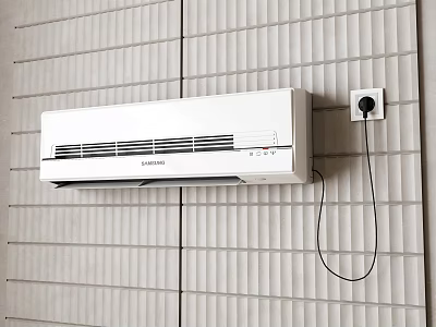 White Wall Mounted Air Cooler Installed on Striped Tile Wall with Power Cord 3d model
