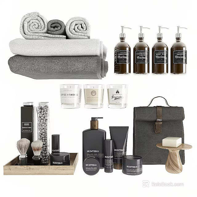 Daily Washing And Bath Essentials With Towels Soap Bottles Candles Shaving Brushes And Toiletry Bag 3d model 