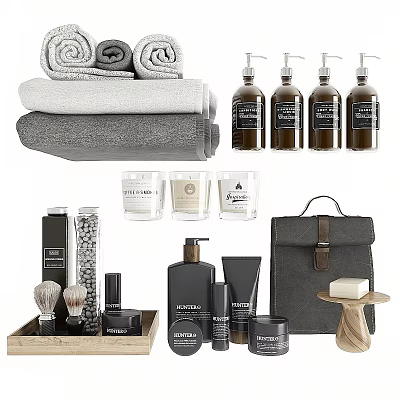 Daily Washing And Bath Essentials With Towels Soap Bottles Candles Shaving Brushes And Toiletry Bag 3d model