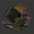 Traditional Architectural Model With Pink Trees Orange Foliage Rock And Wooden Boat