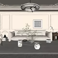 Modern Elegant Living Room With White Sofa Glass Coffee Table Chandelier Green Plants And Rug