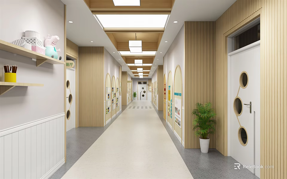 Elevator Corridor Interior With Wooden Decor Circular Windows Wall Decorations Green Plant And Light-Colored Flooring 3d model 