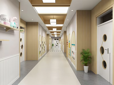 Elevator Corridor Interior With Wooden Decor Circular Windows Wall Decorations Green Plant And Light-Colored Flooring 3d model