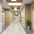 Elevator Corridor Interior With Wooden Decor Circular Windows Wall Decorations Green Plant And Light-Colored Flooring
