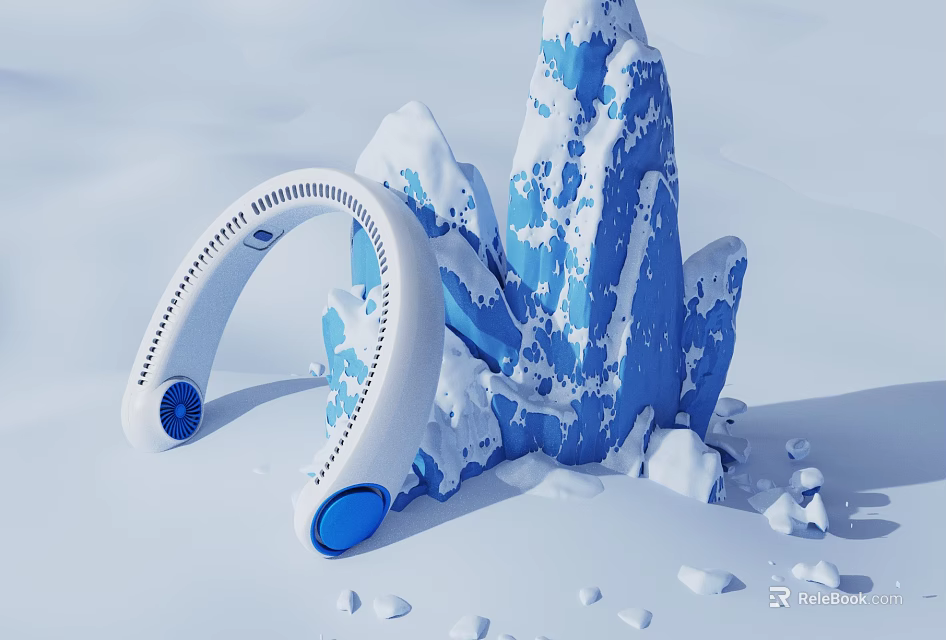 White Blue Neck Hanging Fan Daily Use Electrical Appliance With Snow Ice Background 3d model 