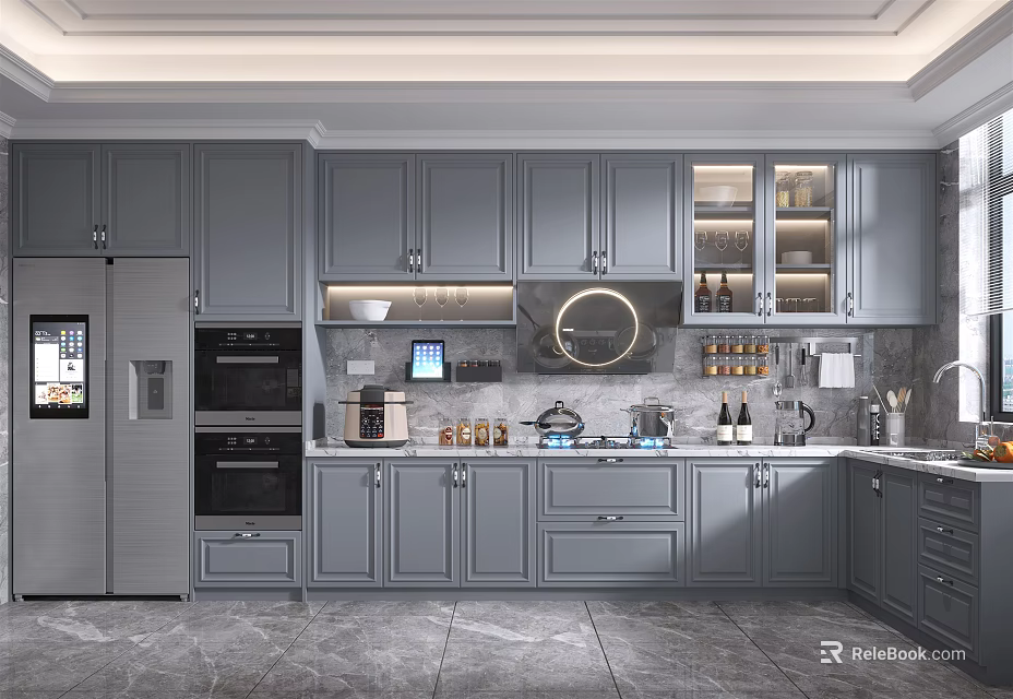 Gray Kitchen Interior With Gray Cabinets Refrigerator Microwave Stove And Glass Front Cabinets 3d model 