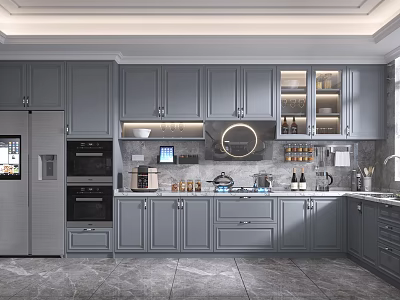 Gray Kitchen Interior With Gray Cabinets Refrigerator Microwave Stove And Glass Front Cabinets 3d model
