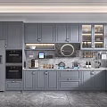 Gray Kitchen Interior With Gray Cabinets Refrigerator Microwave Stove And Glass Front Cabinets